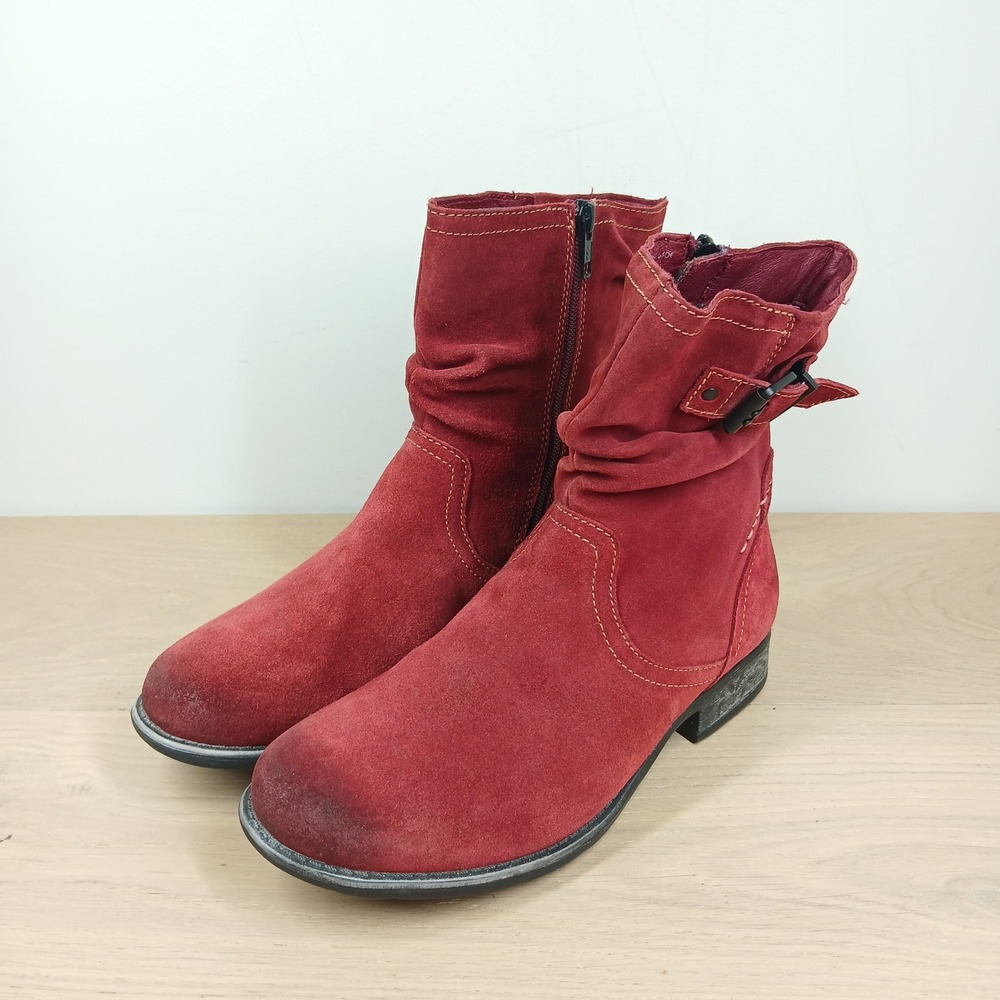 Earth Ankle Boots Women 8W Red Suede Slouchy Buckle Zip Relief Pod Mid Calf